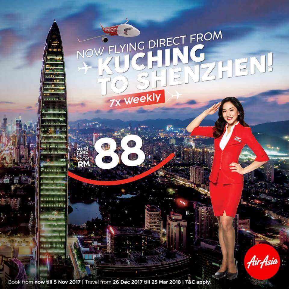 AirAsia Lancarkan Laluan Terus Kuching-Shenzhen Mulai 26 Disember 2017