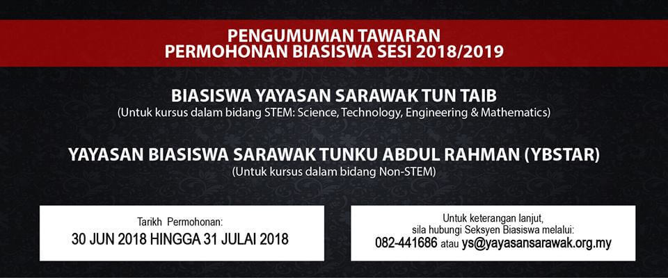 Permohonan Biasiswa Yayasan Sarawak Dibuka Mulai 30 Jun 2018