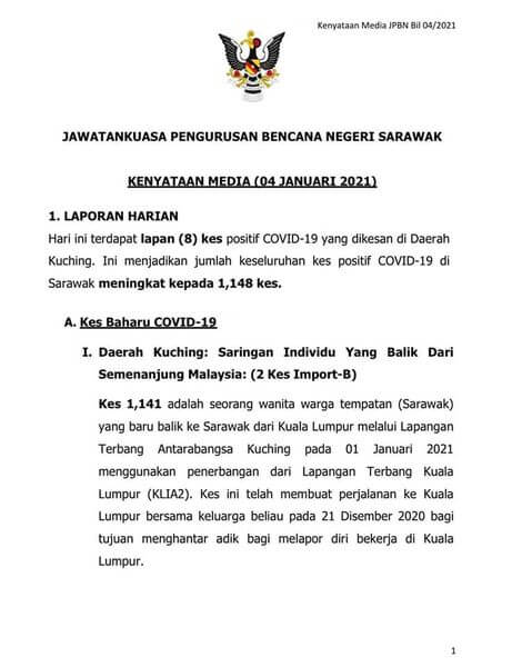 Sarawak Catat 8 Kes COVID-19 Baharu Hari Ini, Kesemuanya Di Kuching